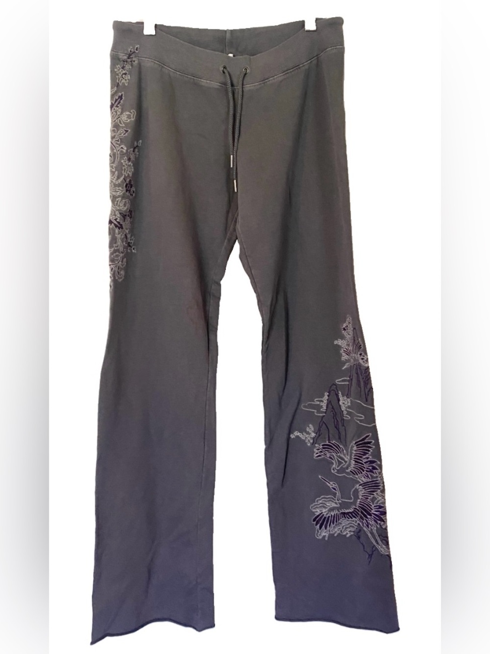VTG Y2K Lucky Brand Embroidered Sweatpants Wide Leg XS Gray Floral Birds